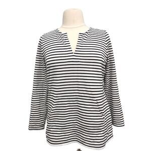 Liz Claiborne Size XL Black & White Stripes Front Pocket Knit Pullover Top #flaw